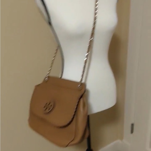 Tory Burch Authentic Leather Saddle Bag with gold-tone hardware, dual chain-link - Picture 10 of 12